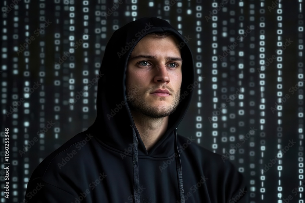 Cyber thief in black hoodie, binary code backdrop, focused expression represents financial scams Cyber thief in black hoodie, binary code backdrop, focused expression represents financial scams