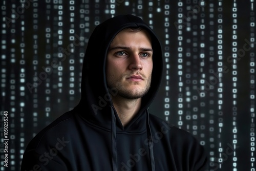 Cyber thief in black hoodie, binary code backdrop, focused expression represents financial scams