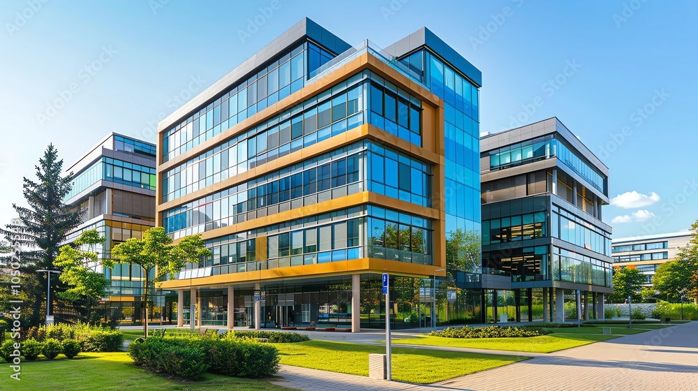 An office building with a modern glass facade. An office building with a modern glass facade.