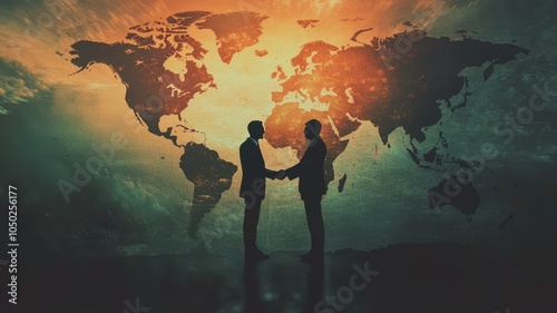 Silhouettes of two businessmen shaking hands against a world map, symbolizing global partnership and cooperation, with a dramatic lighting effect enhancing the scene.