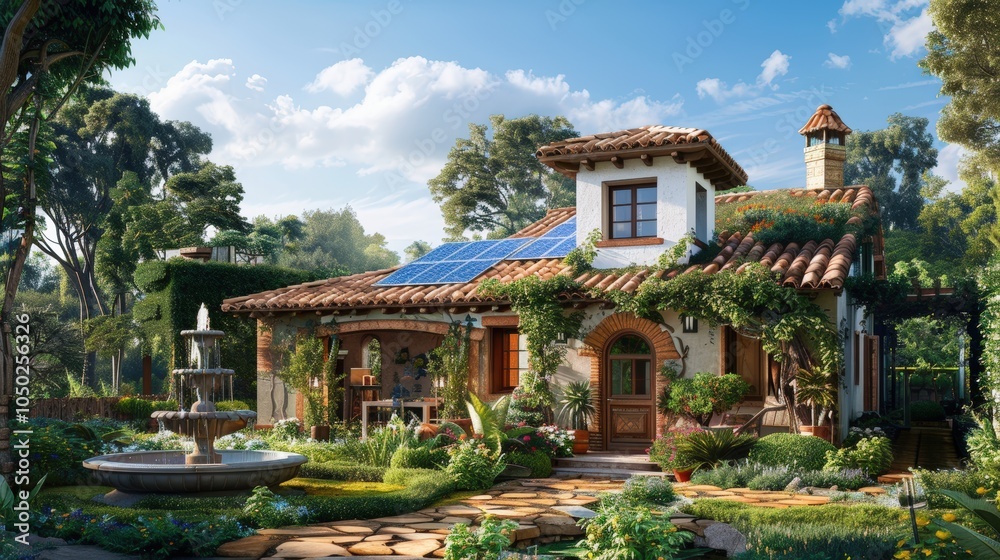 Obraz premium Autonomous Mediterranean House with Solar Panels and Lush Garden Design