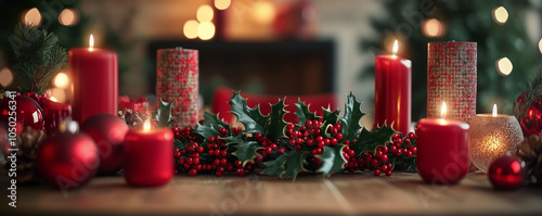 A festive table setting with red and green decorations 