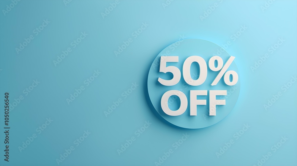 White '50% OFF' Promotional Sign on a Light Blue Background with Copy Space White '50% OFF' Promotional Sign on a Light Blue Background with Copy Space