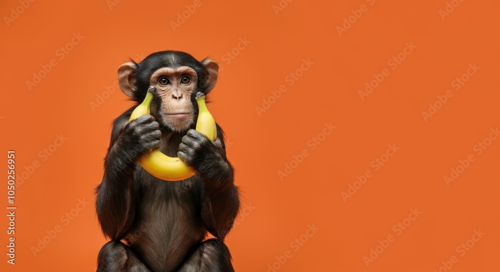 Fototapeta premium Chimpanzee holding banana against orange background, staring forward