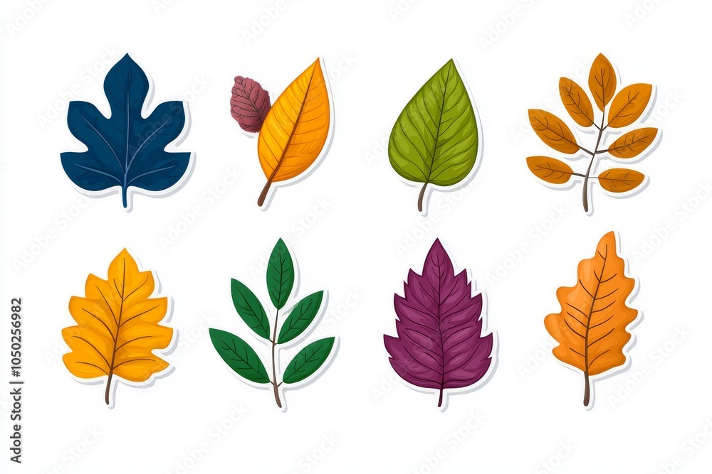 A vibrant collection of eight uniquely designed leaf illustrations in various colors and shapes. A vibrant collection of eight uniquely designed leaf illustrations in various colors and shapes.