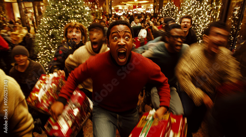 Shoppers crowd around a man holding gifts, running through a decorated area. Concept is holiday shopping frenzy and excitement. For holiday sales promotion