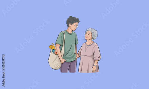 Elderly woman and man bonding with grocery bag in hand.