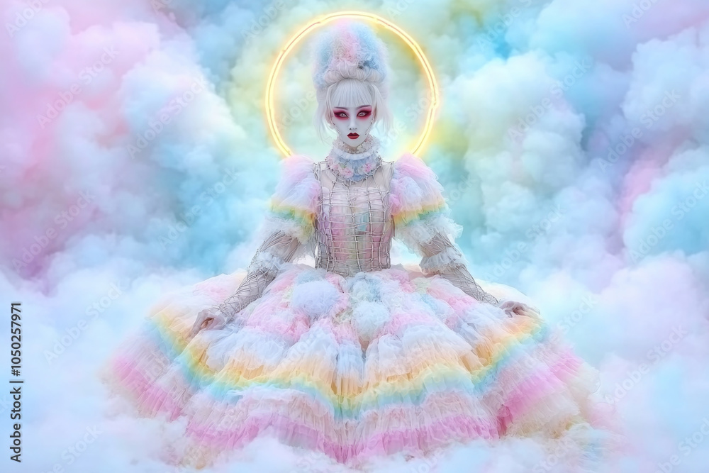 Fototapeta premium Ethereal fantasy: dreamlike portrait of a woman in rainbow cloud dress and halo