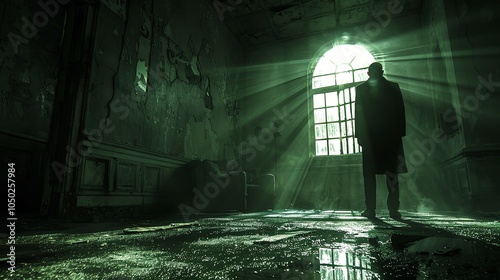 Silhouette of a man standing in an abandoned, dimly lit room with a large window.