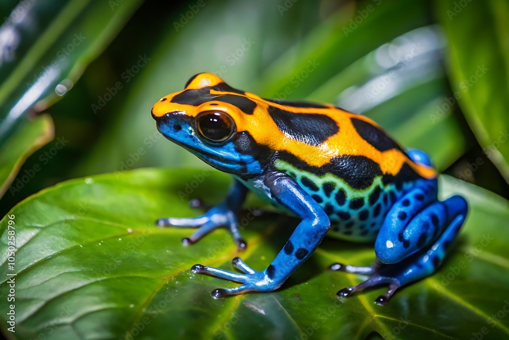 Fototapeta premium A colorful frog sits on a green leaf.AI GENERATED