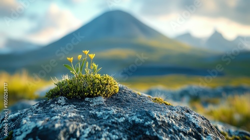 Volcanic Mountain Landscape with Craters and Flowers