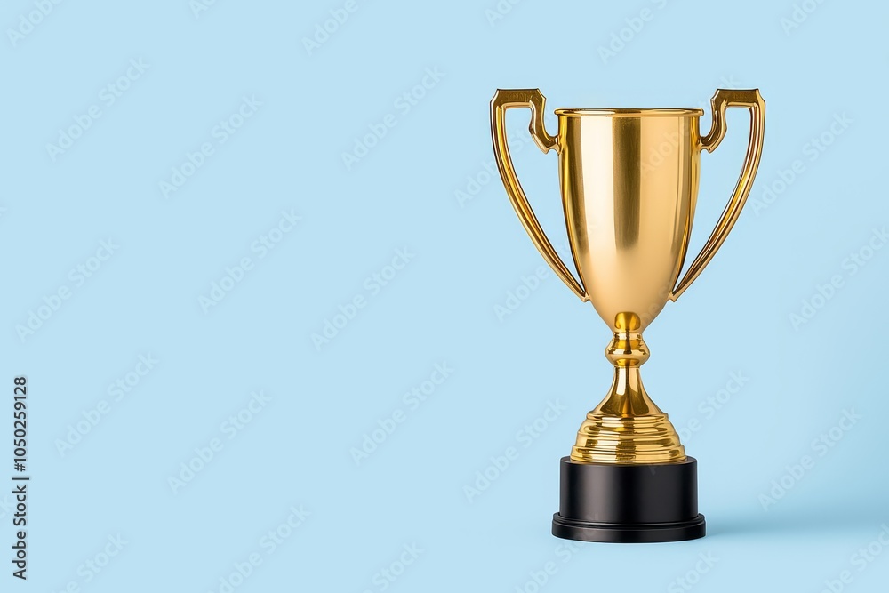 Shiny golden trophy on a light blue background, symbolizing victory and achievement. Shiny golden trophy on a light blue background, symbolizing victory and achievement.