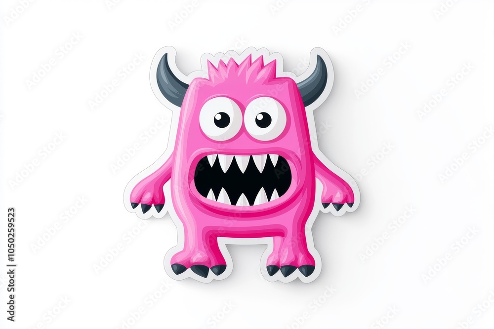 Fototapeta premium A cheerful pink monster cartoon with big eyes and sharp teeth, standing confidently against a white background.