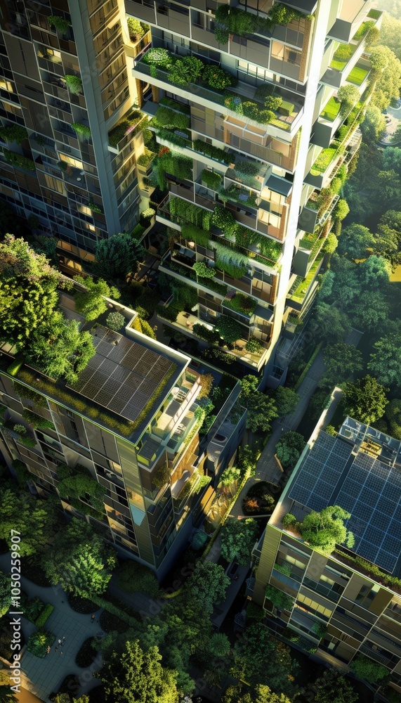 Obraz premium Modern Eco-Friendly Urban Complex with Green Roofs and Solar Panels for Sustainable Living
