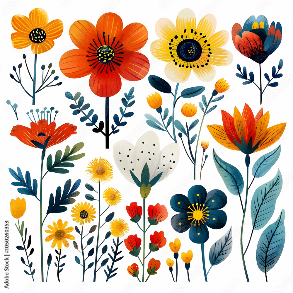 A collection of colorful, stylized flowers with various shapes and sizes, perfect for decorating, illustrating, or designing. A collection of colorful, stylized flowers with various shapes and sizes, perfect for decorating, illustrating, or designing.
