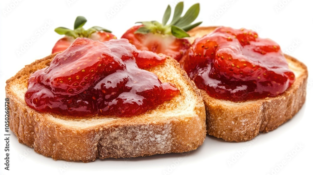Close-up of golden brown toast generously spread with vibrant red strawberry jam, isolated on a white background, highlighting the texture and sweetness. Close-up of golden brown toast generously spread with vibrant red strawberry jam, isolated on a white background, highlighting the texture and sweetness.