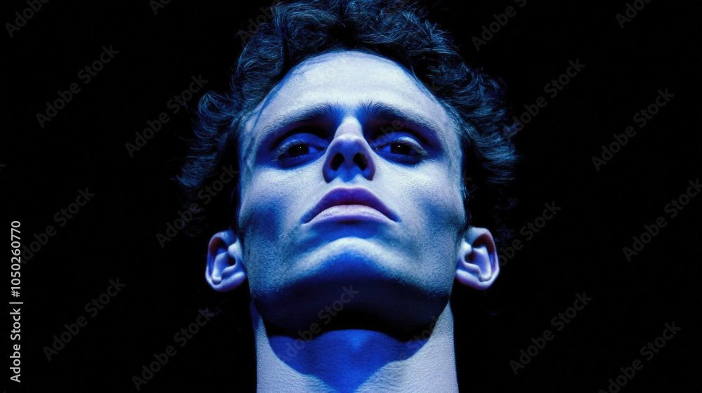 Dramatic portrait of a man under blue light with intense expression Dramatic portrait of a man under blue light with intense expression