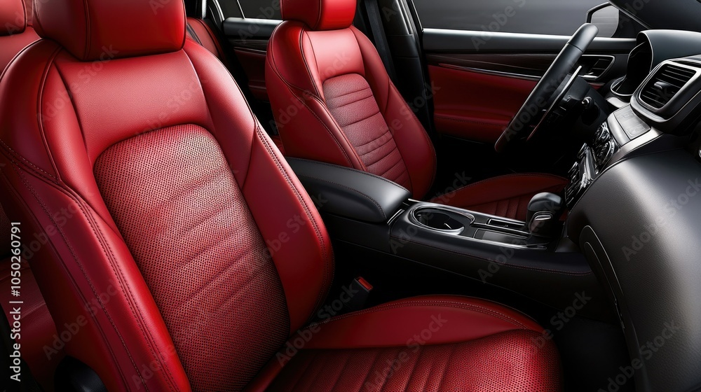 Obraz premium Close-up of hand-stitched leather seats with perforated detailing in a premium car interior, highlighting comfort and craftsmanship.