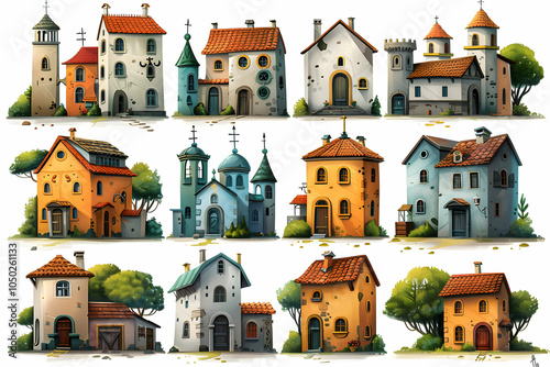 A collection of 12 cartoon buildings in various styles, with intricate details and whimsical designs, isolated on white background.