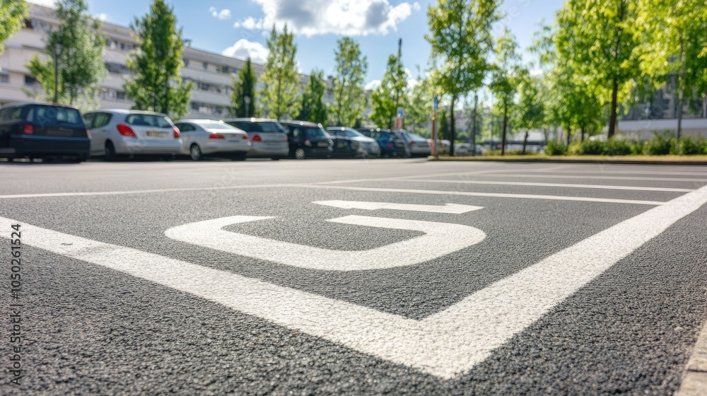 Obraz premium Close-up of white parking space markings on a dark asphalt surface, with no cars in sight and a bright, sunny day overhead.