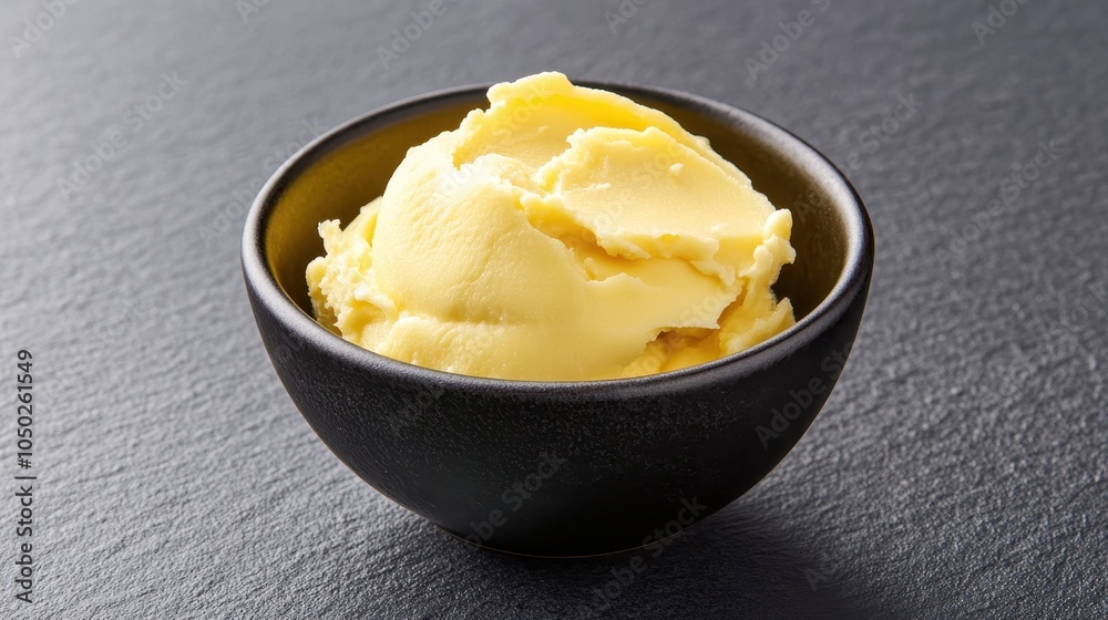 Small bowl of creamy, yellow ice cream on a dark surface Small bowl of creamy, yellow ice cream on a dark surface