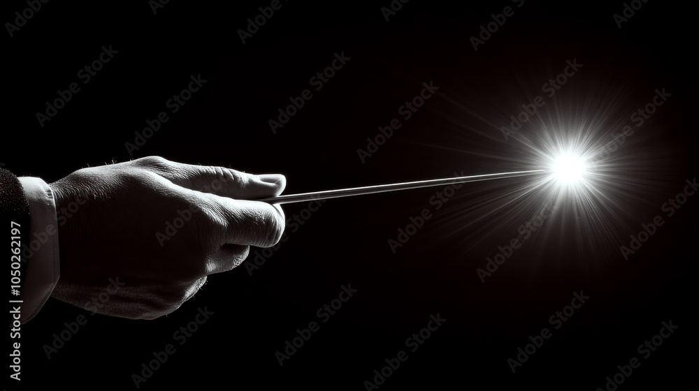 A hand holds a wand against a dark background, creating a bright light. Concept of magic and mystery. For fantasy and magical themed content. A hand holds a wand against a dark background, creating a bright light. Concept of magic and mystery. For fantasy and magical themed content.