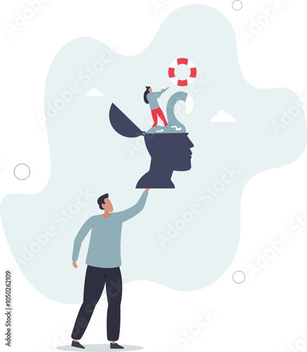 Mental illness therapy or help, depression or anxiety disorder rescue, psychology or stressed healing concept.flat characters.