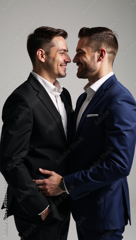 Exquisite studio portrait of gay couple using cinematic lighting against simple background Exquisite studio portrait of gay couple using cinematic lighting against simple background