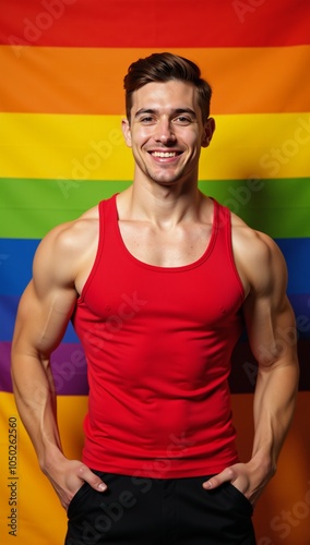 Strong musclebound gay fitness enthusiast poses happily against rainbow backdrop photo