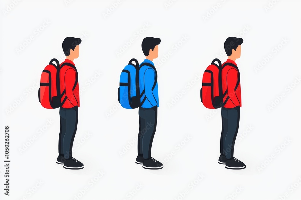 Three side views of a young man in casual attire, wearing backpacks in red and blue, showcasing style and functionality. Three side views of a young man in casual attire, wearing backpacks in red and blue, showcasing style and functionality.