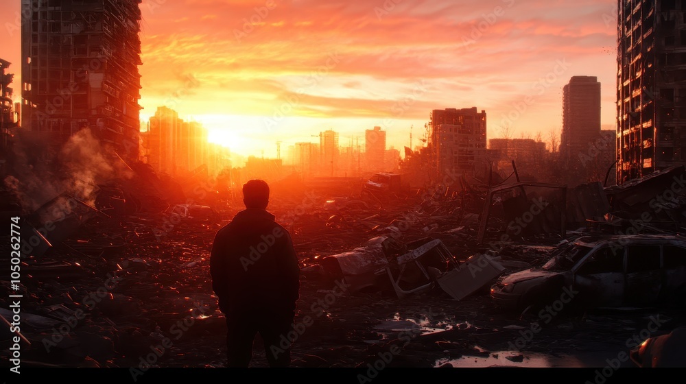 Fototapeta premium Desolate urban landscape at sunset with a figure standing in the foreground, surveying the wreckage of cars and collapsed buildings