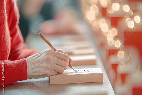 Celebrating Seollal: People Writing Wishes on Wooden Ema Plaques During Lunar New Year Festivities