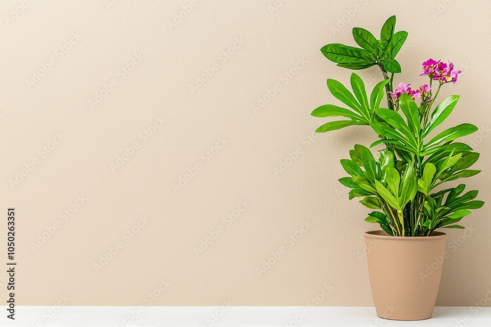 A lush indoor plant with vibrant purple flowers in a beige pot against a simple background, adding a touch of nature. A lush indoor plant with vibrant purple flowers in a beige pot against a simple background, adding a touch of nature.