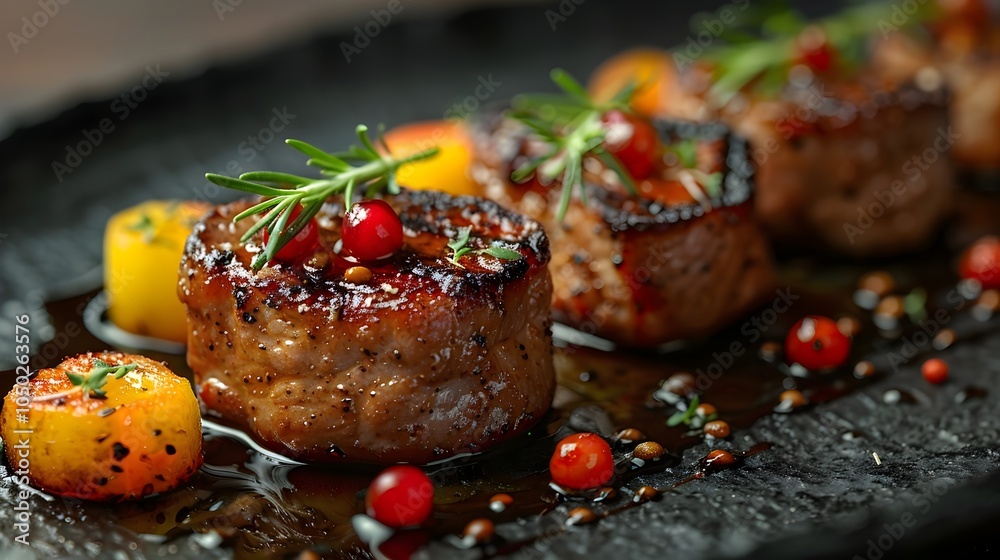 Gourmet Seared Scallops Presented on a Dark Plate with Fresh Herb Garnish and Colorful Peppercorns, Ideal for Fine Dining Menus and Culinary Publications Gourmet Seared Scallops Presented on a Dark Plate with Fresh Herb Garnish and Colorful Peppercorns, Ideal for Fine Dining Menus and Culinary Publications
