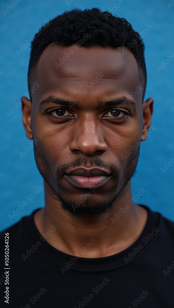 Close-up portrait featuring an African American man against a blue backdrop with emphasis on expressive eyes Close-up portrait featuring an African American man against a blue backdrop with emphasis on expressive eyes