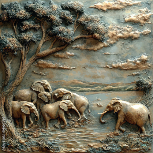 3D bas-relief of a herd of elephants in the wild. Vector. Stylish print for T-shirts, printing on fabric, paper, porcelain, plastic, packaging. Creative interior decor.