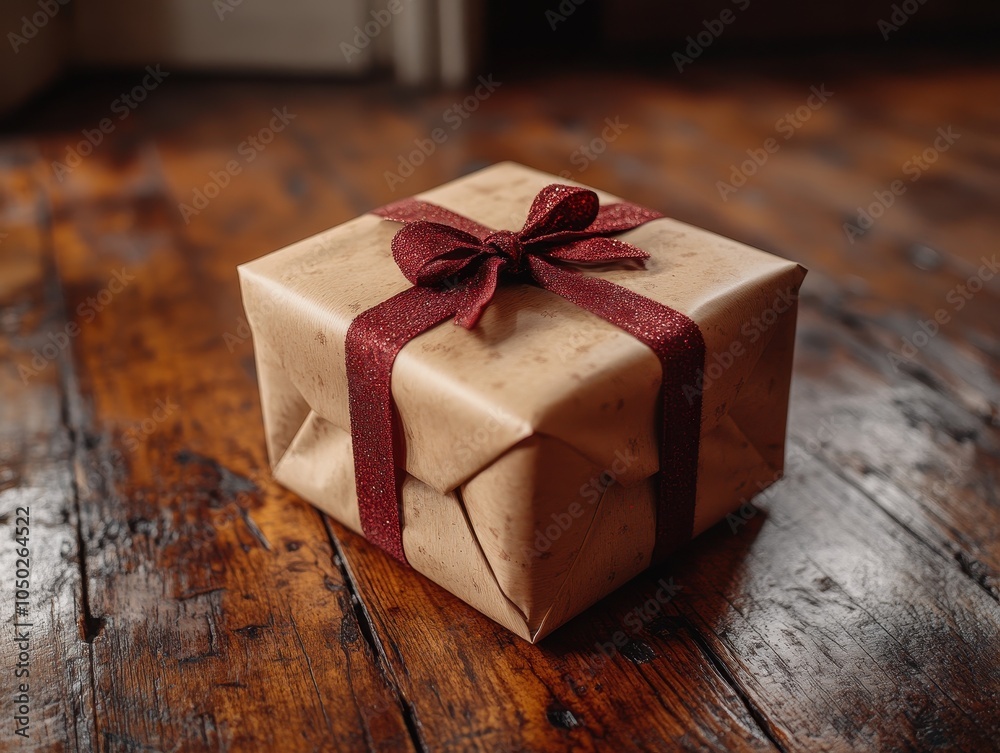 Elegant gift package on rustic wooden table, minimalist aesthetic, soft textures, inviting warmth, perfect for celebrations or special occasions Elegant gift package on rustic wooden table, minimalist aesthetic, soft textures, inviting warmth, perfect for celebrations or special occasions