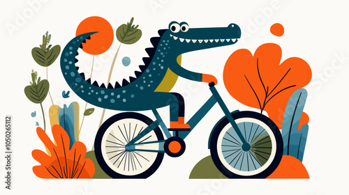 Green crocodile pedals joyfully on a bike amid colorful plants and leaves, showcasing an animated adventure, flat style vector illustration isolated on background.