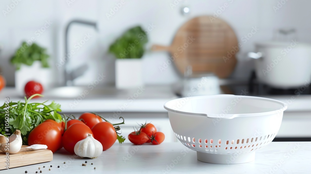 White colander on kitchen counter with tomatoes, garlic, and herbs. White colander on kitchen counter with tomatoes, garlic, and herbs.
