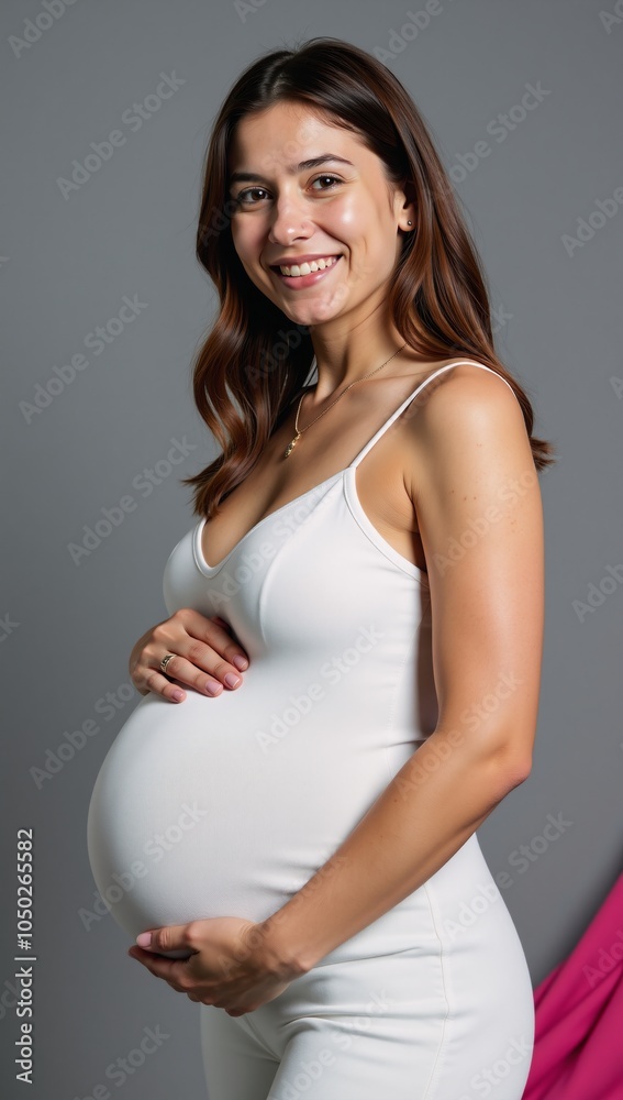 A photorealistic portrait showcases a graceful pregnant woman in colorful setting while she tenderly touches her belly A photorealistic portrait showcases a graceful pregnant woman in colorful setting while she tenderly touches her belly
