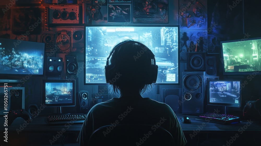 A gamer immersed in a colorful, tech-filled environment with multiple screens and audio equipment. A gamer immersed in a colorful, tech-filled environment with multiple screens and audio equipment.