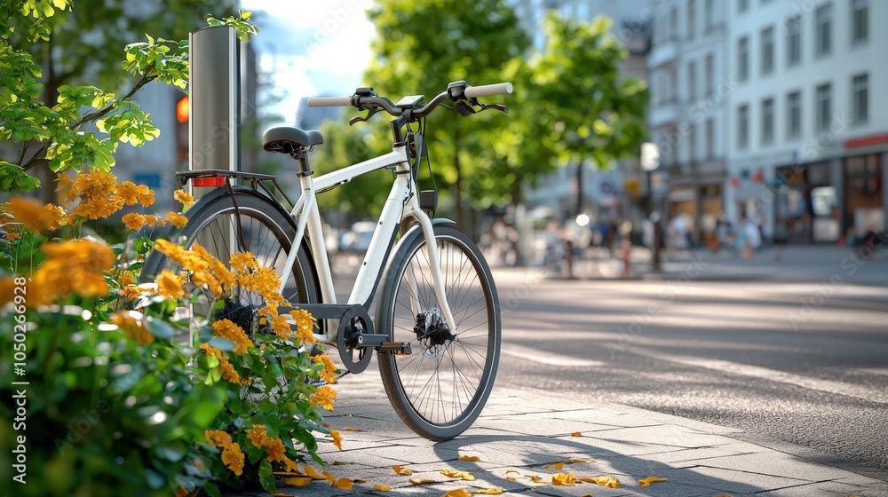 Fototapeta premium Serene Urban Scene with Bicycle Amidst Flowers