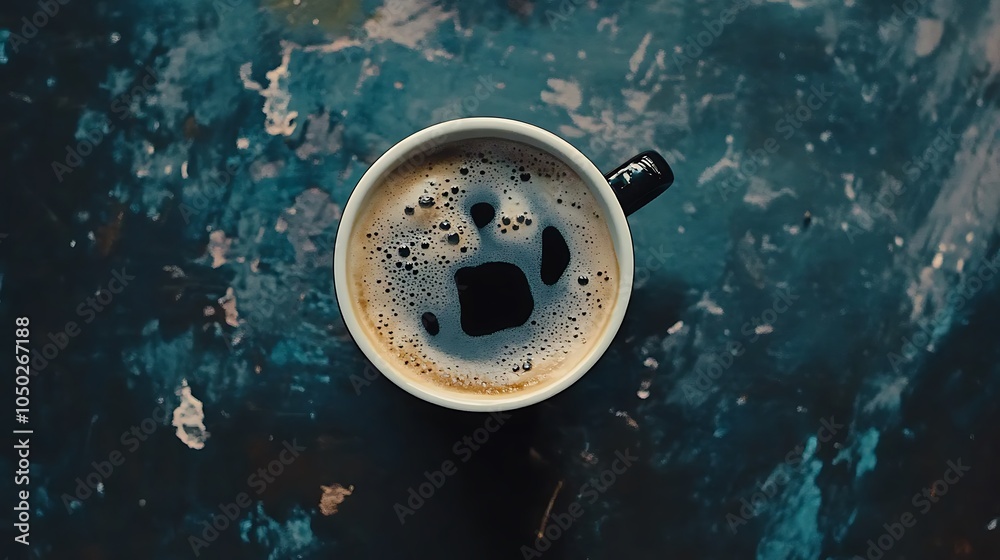 A close-up shot of a cup of coffee with foam on a blue background. The coffee has a dark color and the foam is white.