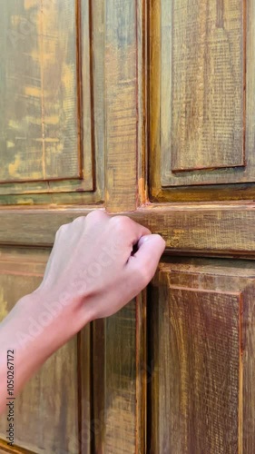 Close-up of a man knocking on a house door, with clenched fists knocking on the door slowly. House door made of wood.