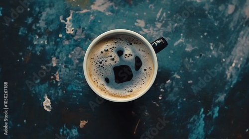 A close-up shot of a cup of coffee with foam on a blue background. The coffee has a dark color and the foam is white. photo