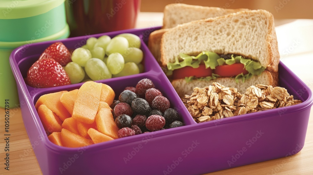 Open lunch box with a sandwich, fresh fruit, and trail mix, showcasing a nutritious and colorful assortment of snacks for on-the-go. Open lunch box with a sandwich, fresh fruit, and trail mix, showcasing a nutritious and colorful assortment of snacks for on-the-go.