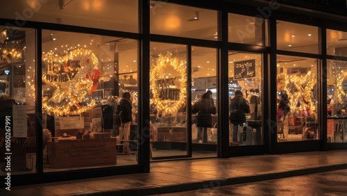 Storefront window decorated for Black Friday sale with large discount signs, balloons, and festive decorations.