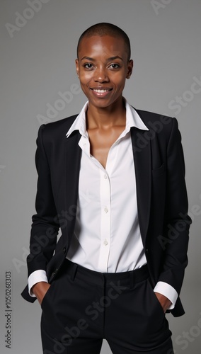 Portrait featuring a professional image of a gay black woman with a shaved-head buzzcut photo