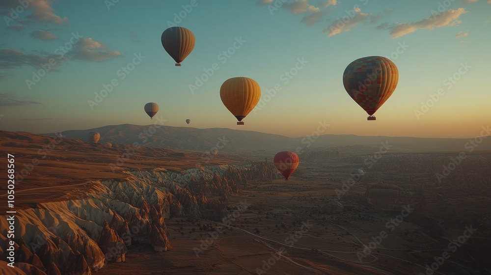 Fototapeta premium Colorful hot air balloons soar over a mountainous landscape at sunrise.