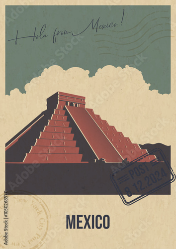 Mexico Attraction Postcard, Mezoamerican Step Pyramid Landscape, Vector Template Retro Style Greeting Card with handwriting wish. Postal Imprint, Aged Paper Texture